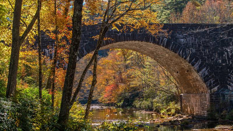 Oct. 25, 2023: Fall color and sunlight illuminate this iconic bridge along the Blue Ridge Parkway in this photo taken near the Linville Falls Picnic Area, at Milepost 316.5. The great weather this week provides ideal conditions for a scenic autumn drive. Heading south along the Blue Ridge Parkway from the Grandfather Mountain area still provides a nice look at fall foliage. Routes into the High Country from lower elevations, such as U.S. 321 between Lenoir and Blowing Rock, N.C. 181 between Morganton and Pineola and U.S. 221 between Marion and Linville, are also currently offering picturesque views.