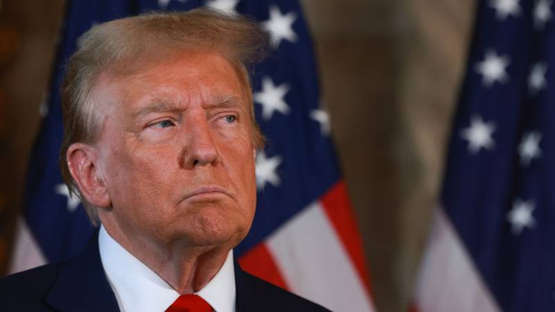 PALM BEACH, FLORIDA - APRIL 12: Republican presidential candidate former President Donald Trump during a joint press conference with Speaker of the House Mike Johnson (R-LA) at Mr. Trump's Mar-a-Lago estate on April 12, 2024, in Palm Beach, Florida. They spoke about  "election integrity," which has been one of the former president's top issues.  (Photo by Joe Raedle/Getty Images)